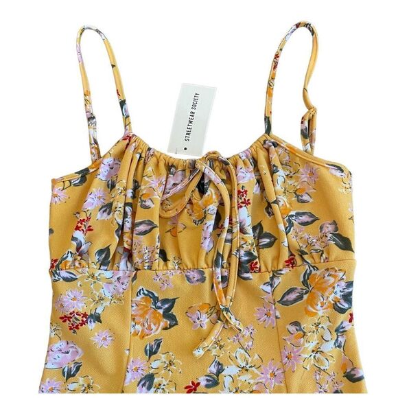 NWT Streetwear Society Ditsy Floral Yellow Spaghetti Tank Top Mini Bodycon Dress - Picture 7 of 9